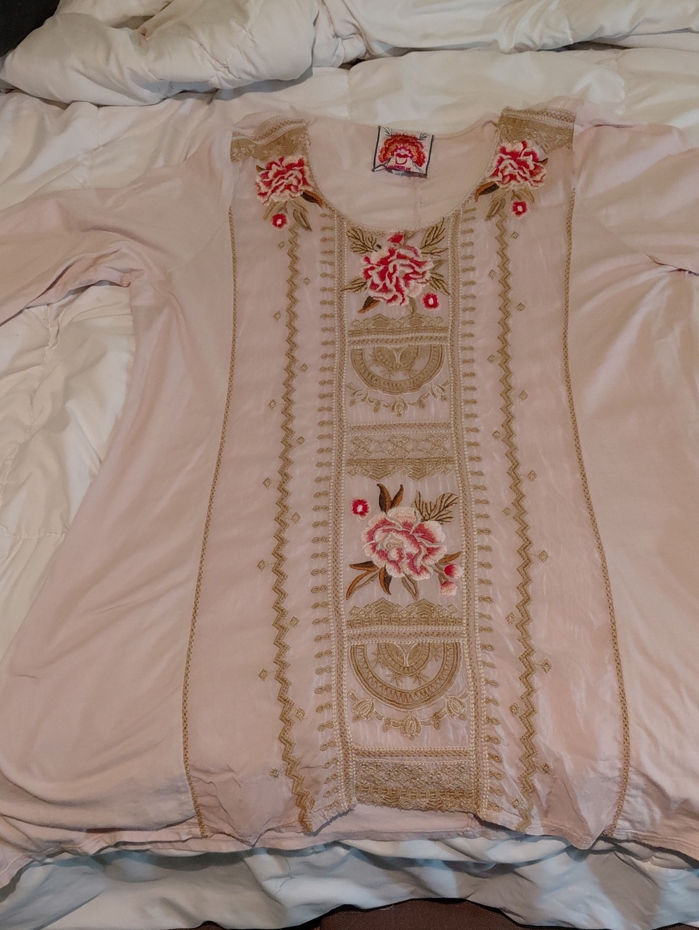 Johnny Was Blush Pink Embroidered Tunic with Gold Accents
